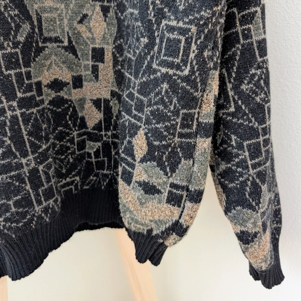 Vintage Abstract Geometric Patterned Wool Blend Crewneck Sweater In Black